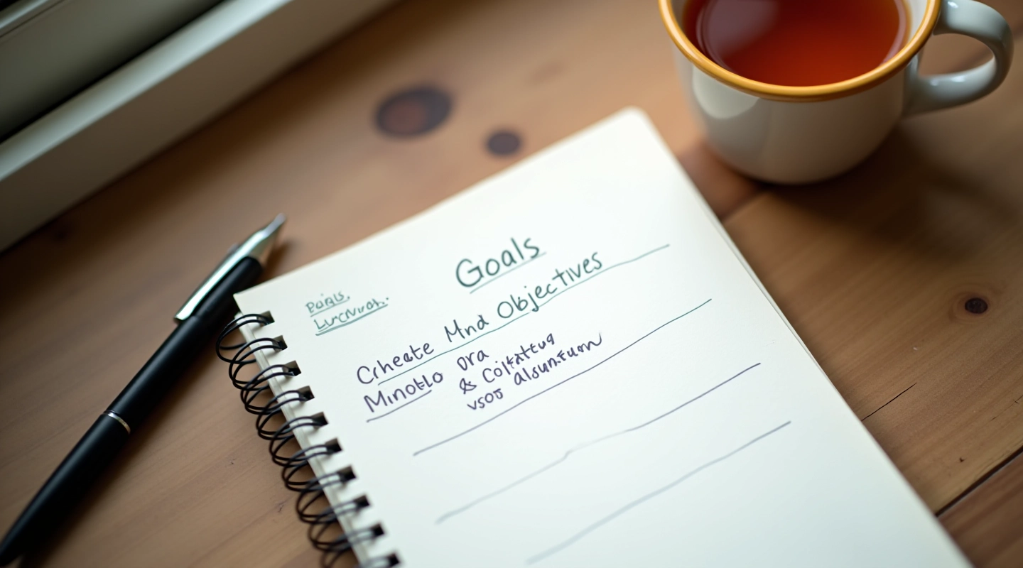 Notebook with handwritten goals and objectives on a wooden desk with a cup of tea