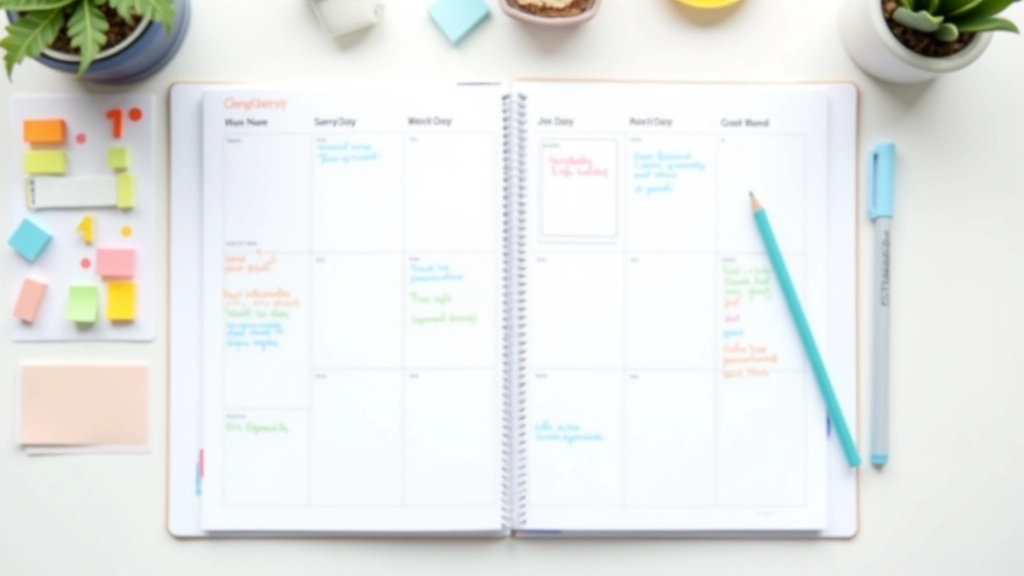 Calendar open to show quarterly planning layout with colored markers and sticky notes