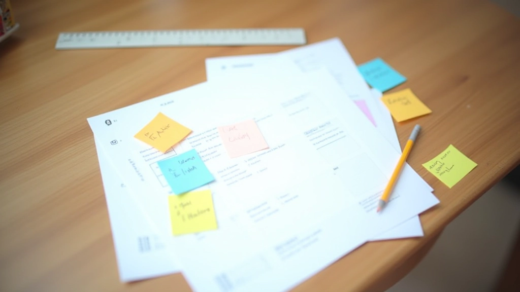 Quarterly planning sheet showing goal sections, milestone markers, and progress tracking columns laid out on desk