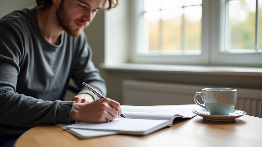 Close-up of person writing goal details in a planner with clear sections and checkboxes, natural light from window