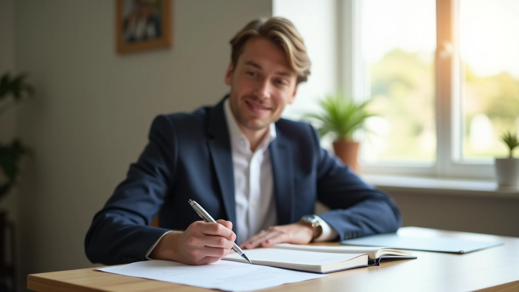 Person working at desk with open notebook, pen, and planning documents spread out, focused on writing quarterly goals, warm natural light from window, professional workspace setup