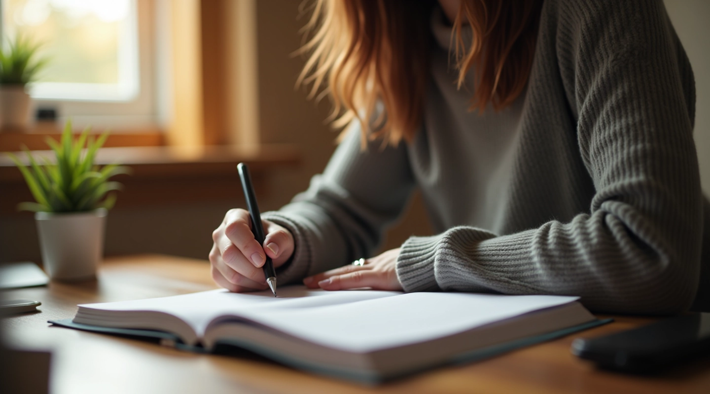 Person at desk with goal planning notebook and calendar, organized workspace with tea cup and pen