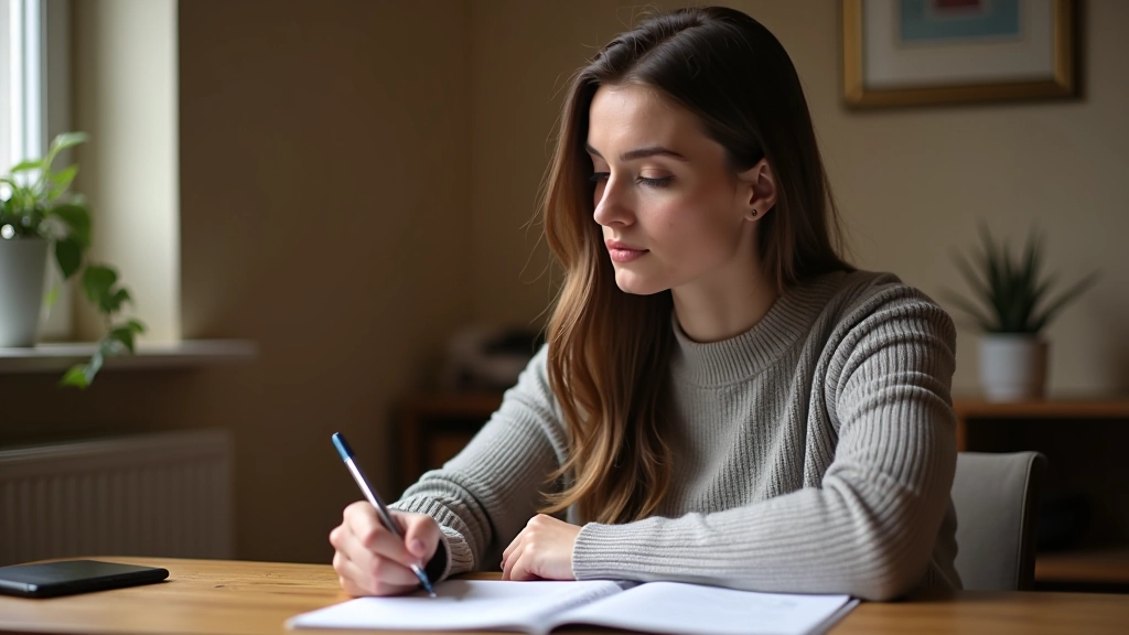 Person reviewing quarterly goals and progress in a organized notebook with color-coded sections